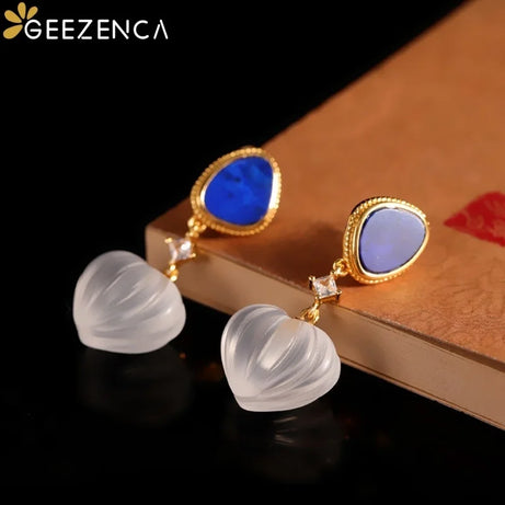 GEEZENCA 925 Silver Lapis Lazuli White Crystal Women's Drop Earrings 18K Gold Heart Waterdrop Dangle Earring Love Gift For Her - Charlie Dolly
