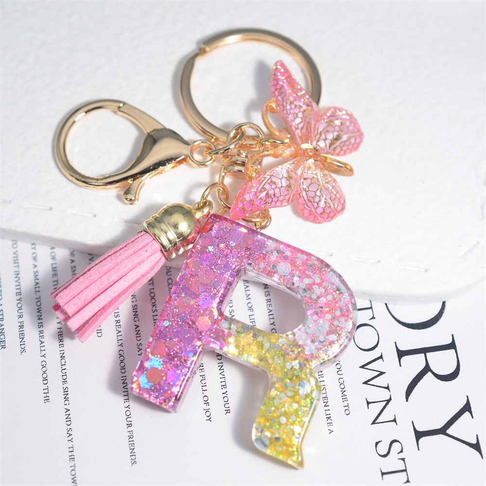 Cute Resin A-Z Initials Letter Keychain Pink Sparkle Butterfly Tassel Pendant Keyring for Women Girl Purse Handbags Jewelry Gift - Charlie Dolly
