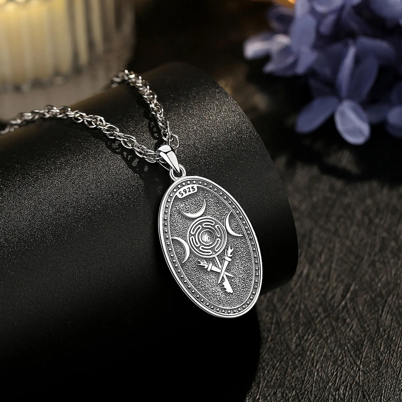 Triple Moon Goddess Hecate Hound Necklace, S925 Sterling Silver