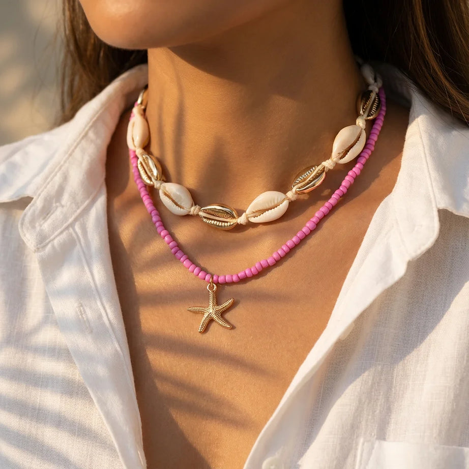 Gold Starfish Shell Rice Bead Choker Necklace Jewelry