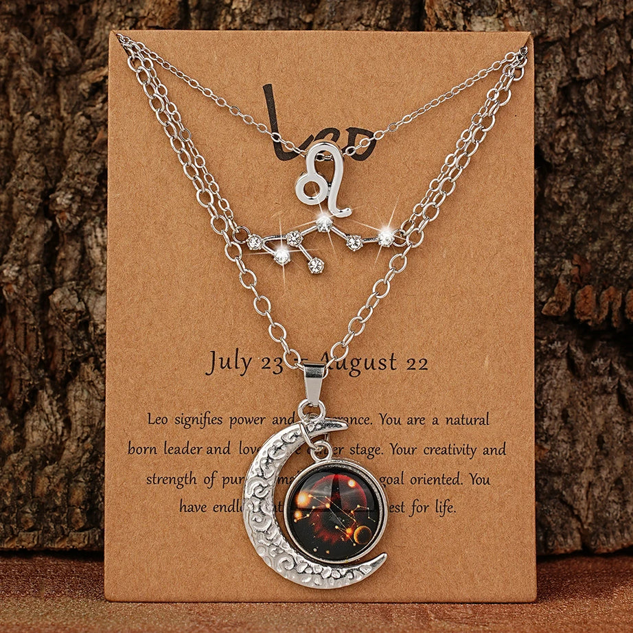 Zodiac Moon Glow Pendant Necklace Set of 3 with Birthstone Cards, Bestie & BFF Gift