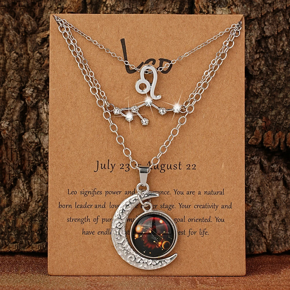 3 Pieces/Set Zodiac Retro Moon Glow Pendant Necklace Set with Birthstone Cards, Birthday Gift for Besties and BFFs