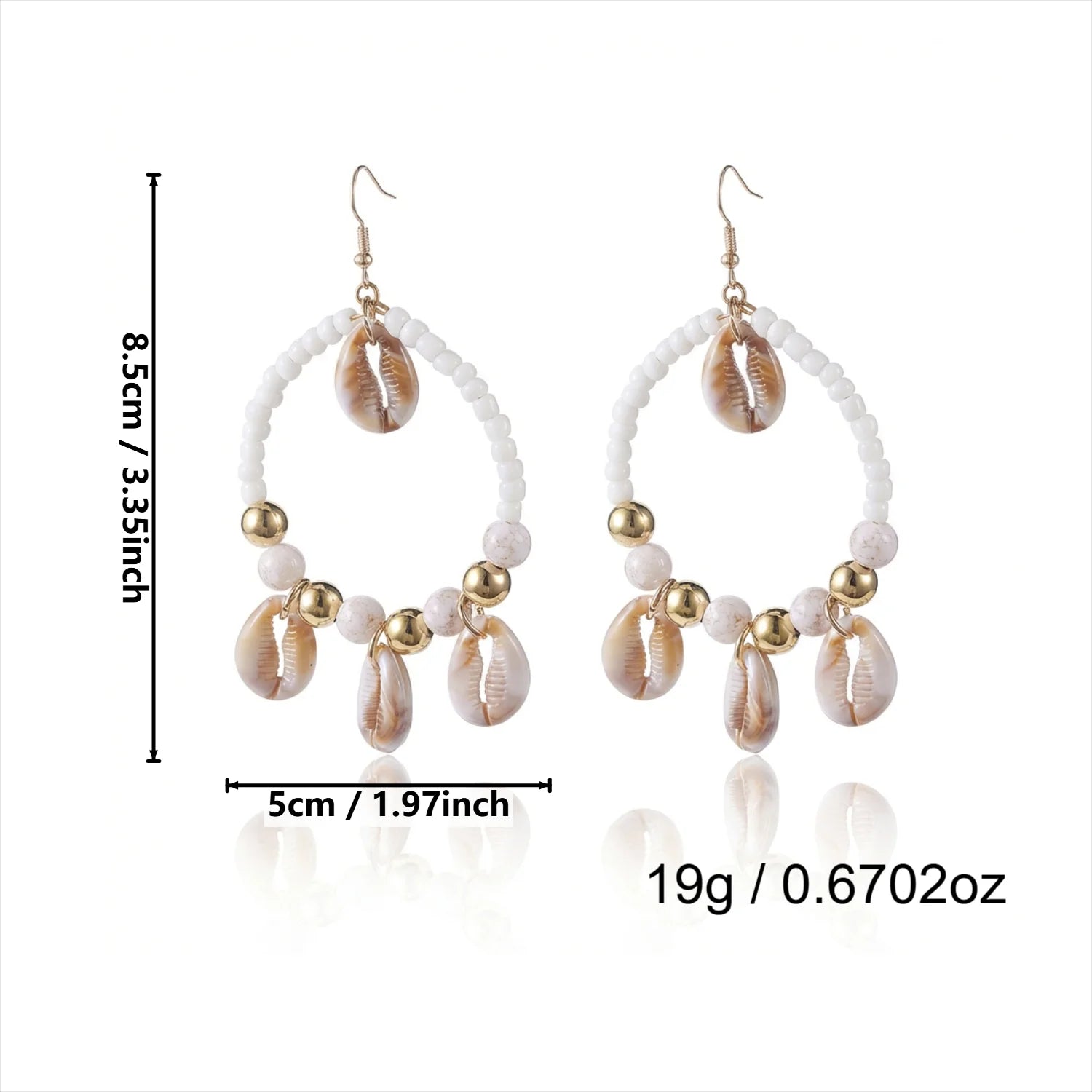Handmade Beaded Woven Hoop Earrings with Spotted Shell Drop for Women Tribal Dreamcatcher Boho Summer Beach Vacation Jewelry