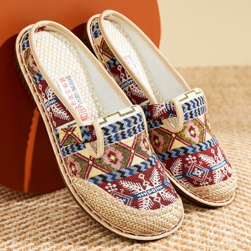 Women Slipper Ethnic Embroidery Summer Flat Shoe Linen Wedge Cloth Shoes Soft Sole Walking Elderly Sandal Ladies Slip-on Muller