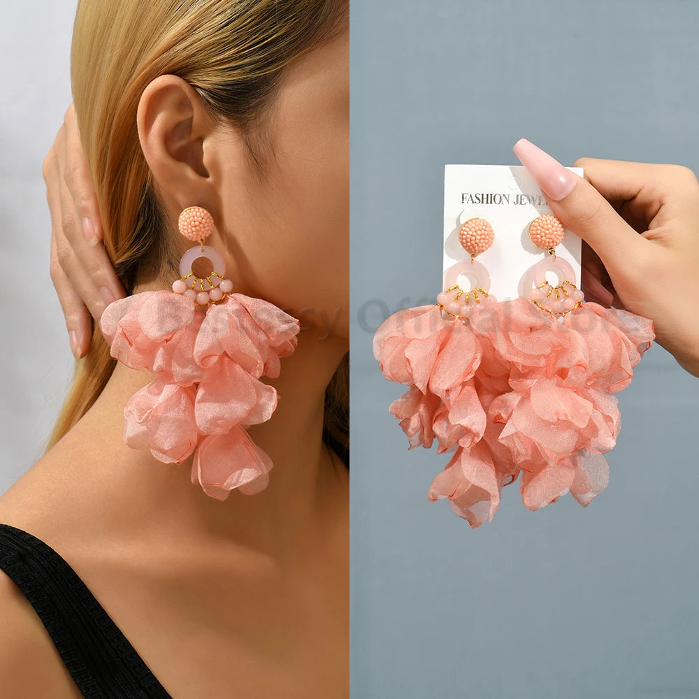 Boho Multicolor Cotton Flower Petal Dangle Earrings For Women Luxury Elegant Handmade Beaded Tassel Ear Pendant Fashion Jewelry