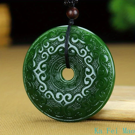 Natural Jade Double-Sided Carved Round Amulet Pendant, Sacred Talisman Necklace