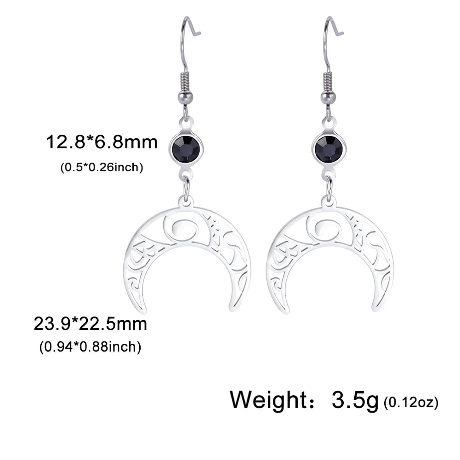 Triple Moon, Rune & Pentagram Hoop Earrings, Stainless Steel Witchy Amulet