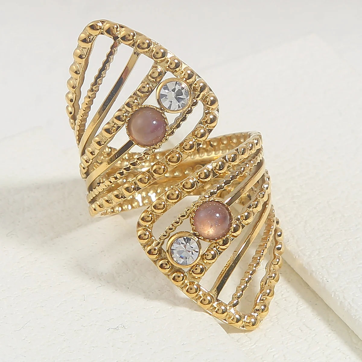 Boho Zircon Twisted Hollow Engagement Rings For Women Baroque Natural Stone Stainless Steel Bling Ring Wedding Fashion Jewelry