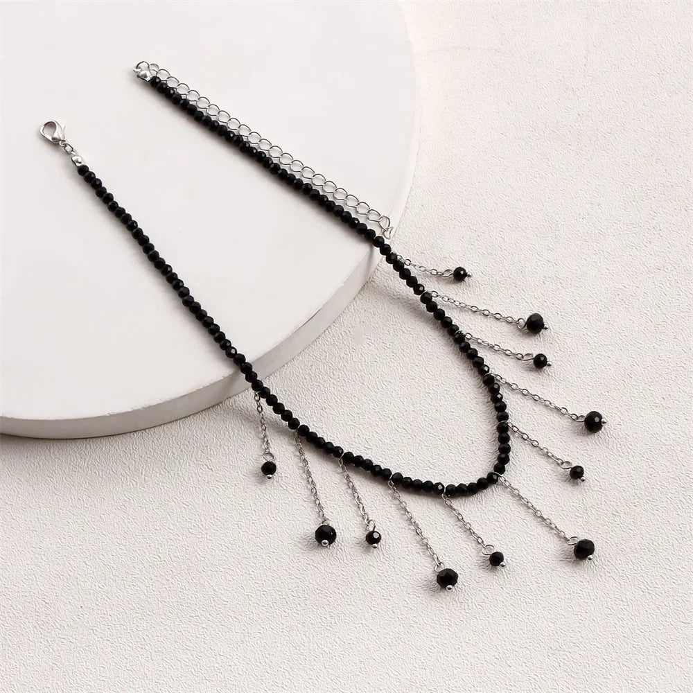 Black Bead Silver Tassel Choker Necklace Jewelry