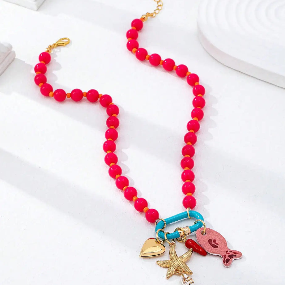 Fish Starfish Charm Resin Bead Layered Necklace Jewelry
