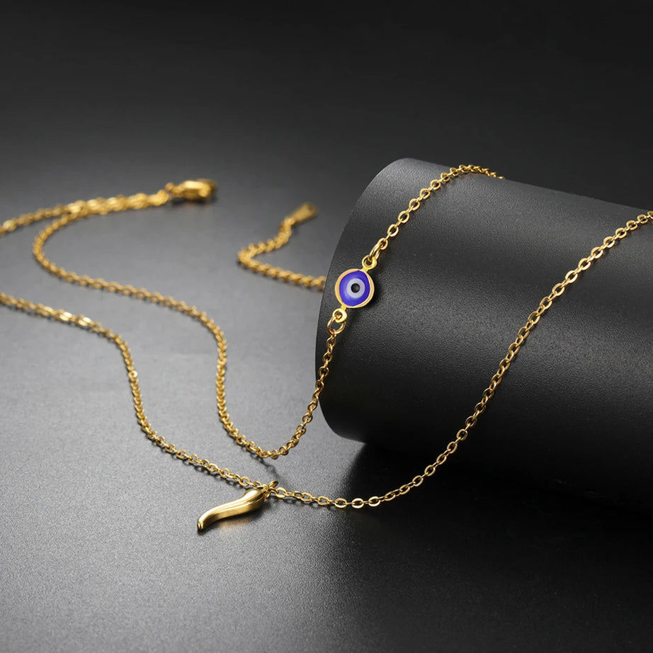 Italian Horn & Evil Eye Double Layer Necklace, Spiritual Protection Amulet