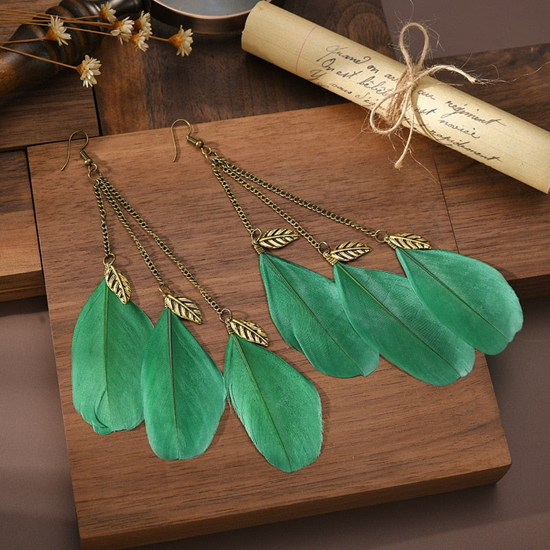 Fashion Earrings Bohemian Ethnic Style Leaf Earrings Jewelry Retro Long Tassel Colorful Feather Earrings Jewelry Gift - Charlie Dolly