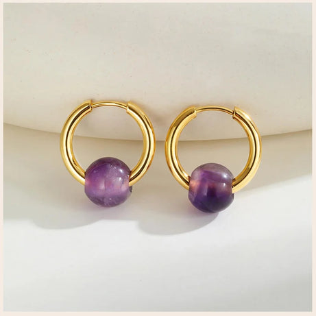 Natural Amethyst Beaded Hoop Earrings, Gold-Plated Stainless Steel Waterproof Jewelry