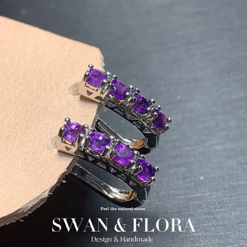 40 Natural Amethyst Hoop Earrings Stud Earring For Women 925 Sterling Silver PLATED Vintage Gift Prevent Allergy Fine Jewelry