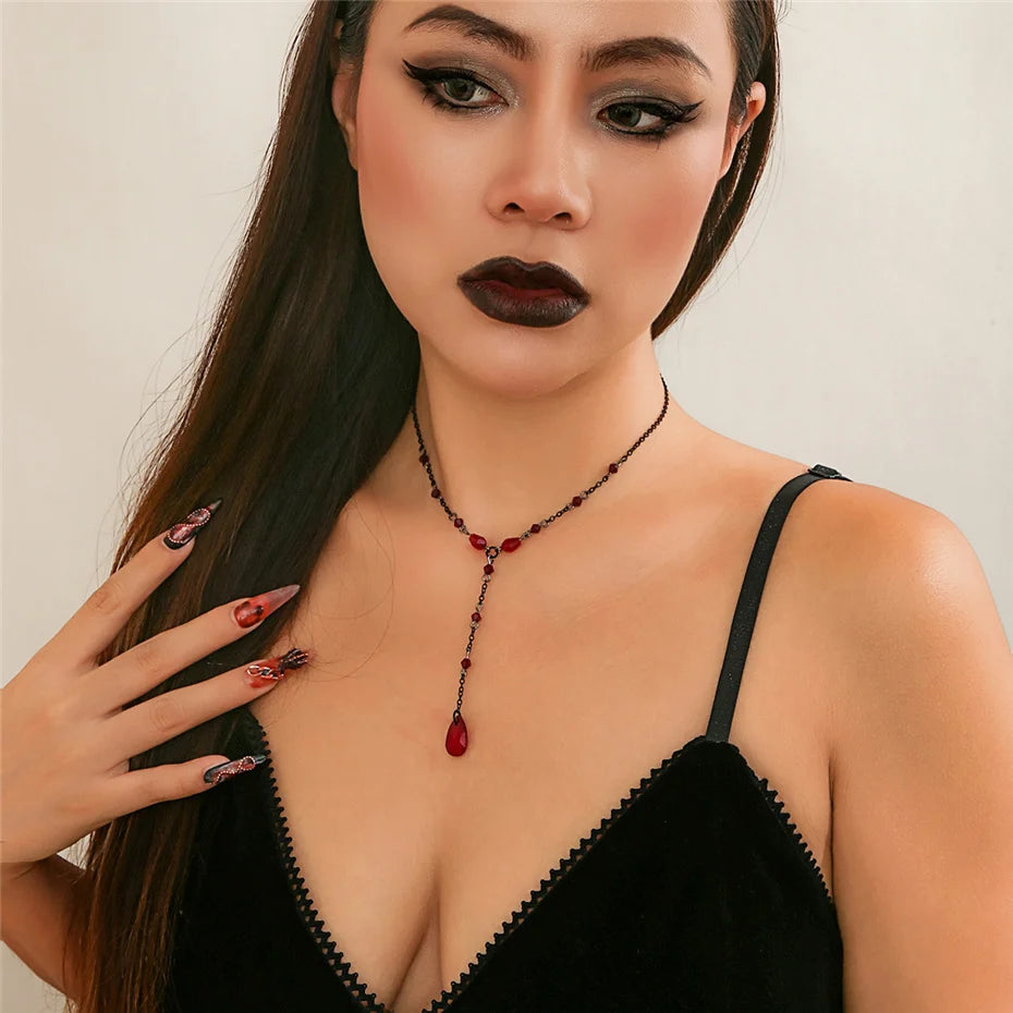 Goth Black Water Drop Crystal Chest Chain Necklace for Women Collares Vintage Sexy Link Choker Y2K Halloween Jewelry Accessories - Charlie Dolly