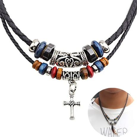Braided Leather Cross Teeth Pendant Necklace Jewelry
