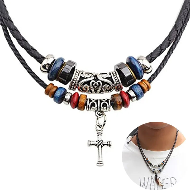 Braided Leather Cross Teeth Pendant Necklace Jewelry