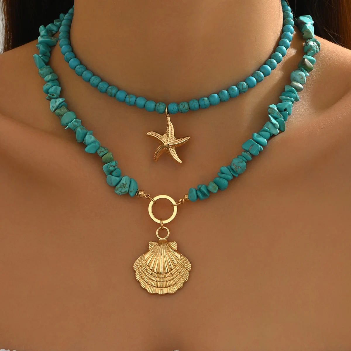 Turquoise Seashell Starfish Layered Choker Set Jewelry