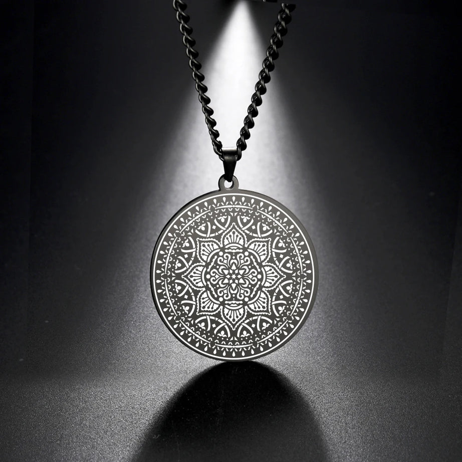 Lotus Chakra Mandala Pendant Necklace, Stainless Steel Buddhist Hindu Meditation Amulet