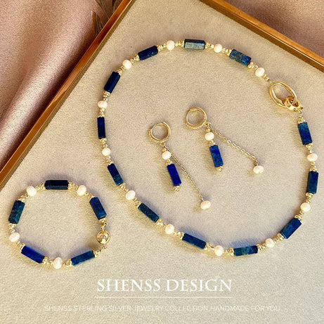 Exclusive Design Personalized Natural Freshwater Pearl Lapis lazuli Necklace Bracelet Earrings Copper Plated 14k Gold Accessorie - Charlie Dolly