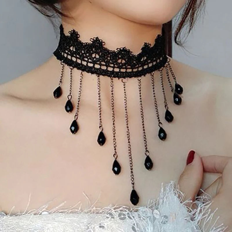 Halloween Choker Necklace for Women Rhinestone Pendant Lace Gothic Necklace for Steampunk Royal Court Vampire Costume Jewelry - Charlie Dolly