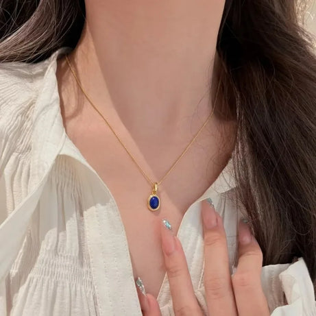 Light luxury retro high-end fashion oval lapis lazuli necklace earrings buckle party simple and elegant blue jewelry sets - Charlie Dolly