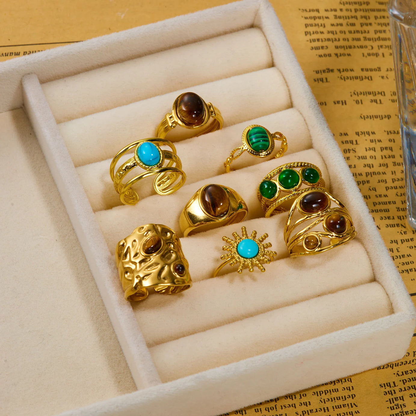 Vintage Boho Turquoise Tiger Eye Stone Rings For Women Stainless Steel Natural Stone Open Finger Ring Party Aesthetic Jewelry - Charlie Dolly