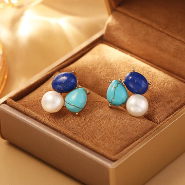 Natural Lapis Lazuli Geometric Pearl French Elegant Temperament High-end Silver Needle Earrings for Women Jewelry.