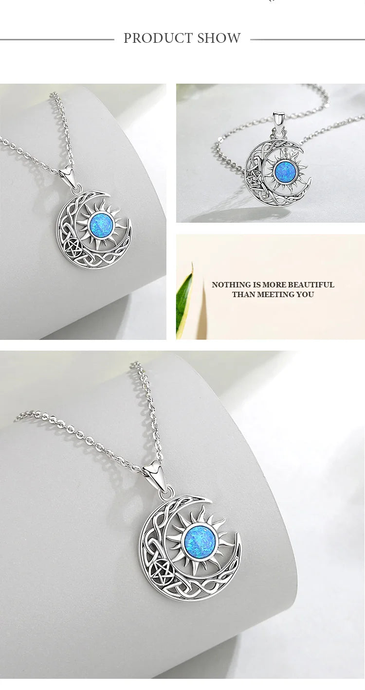EUDORA 925 Sterling Silver Sun Moon Necklace for Women Man  Pentagram Viking Celtic knot Moon Pendant Fine Jewelry party Gift
