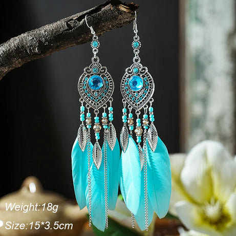 Blue Enamel Feather Crystal Long Earrings Jewelry