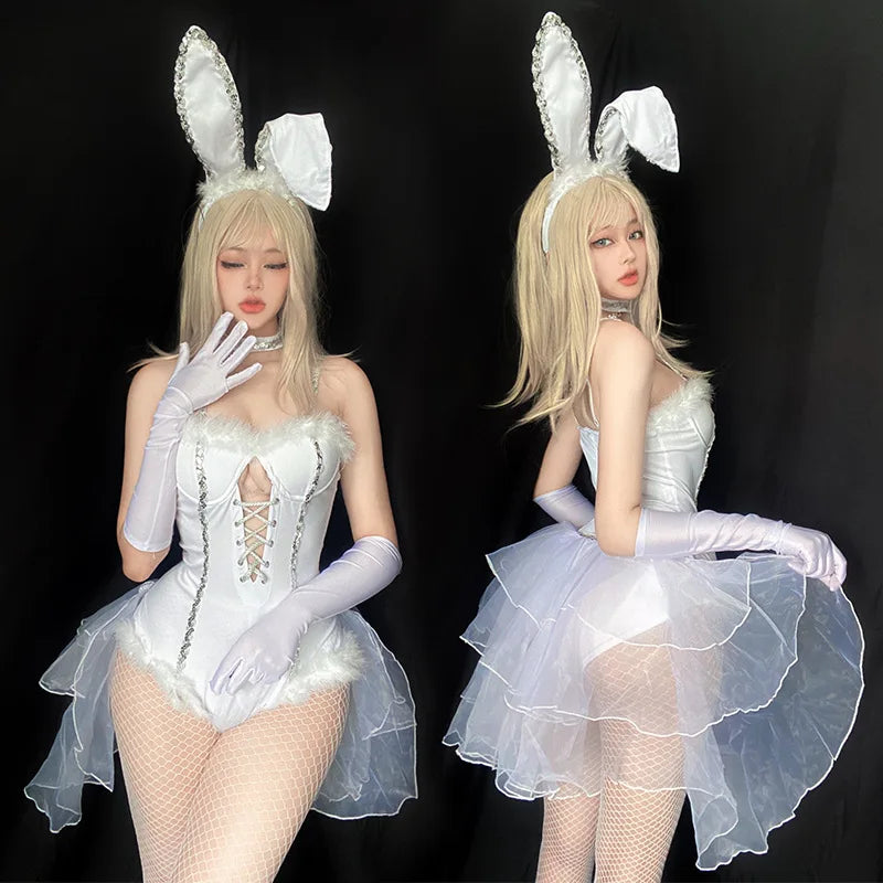 Sexy Rabbit Costume Cosplay White Bunny Girl Suspender Bodysuit Women Jumpsuit Set Halloween Stage Show Carnival Club Clothes