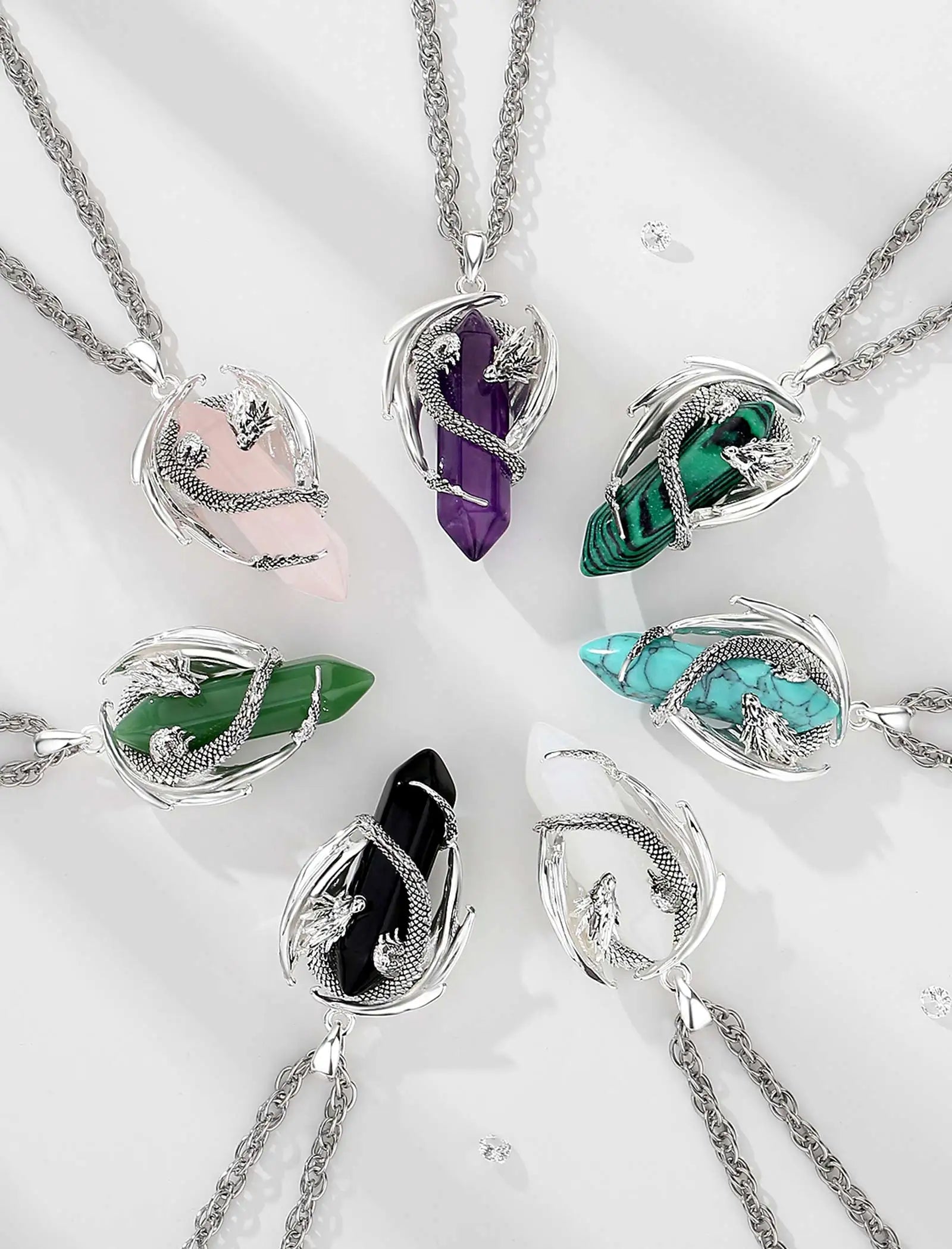 Eudora Dragon Twining Hexagonal Natural Obsidian Prismatic Necklace Punk Turquoise Amethyst Jade Pendant Malachite Jewelry Gift