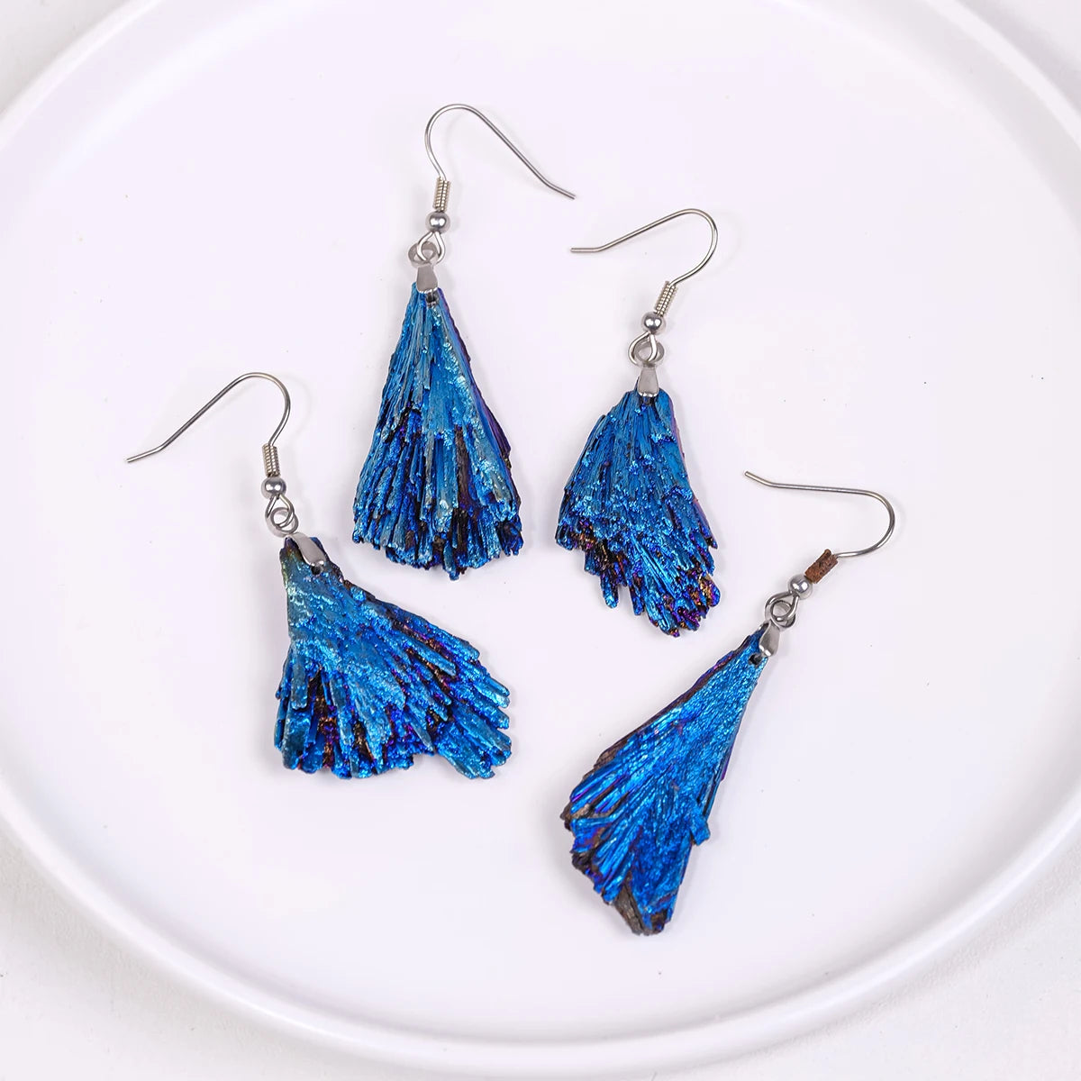 Natural Stones Tourmaline Aura Blue Flame Healing Crystal Stone Dangle Drop Earrings for Women Eardrop Chakra Balancing Jewelry