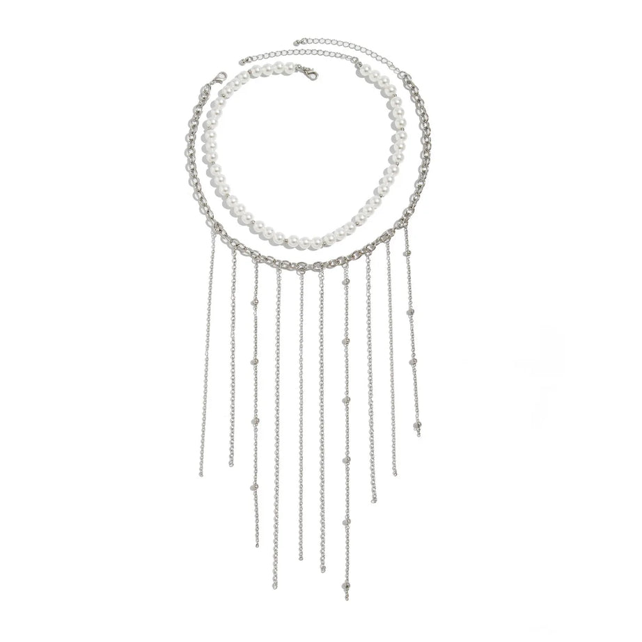 Round Bead Pearl Tassel Multilayer Necklace Jewelry