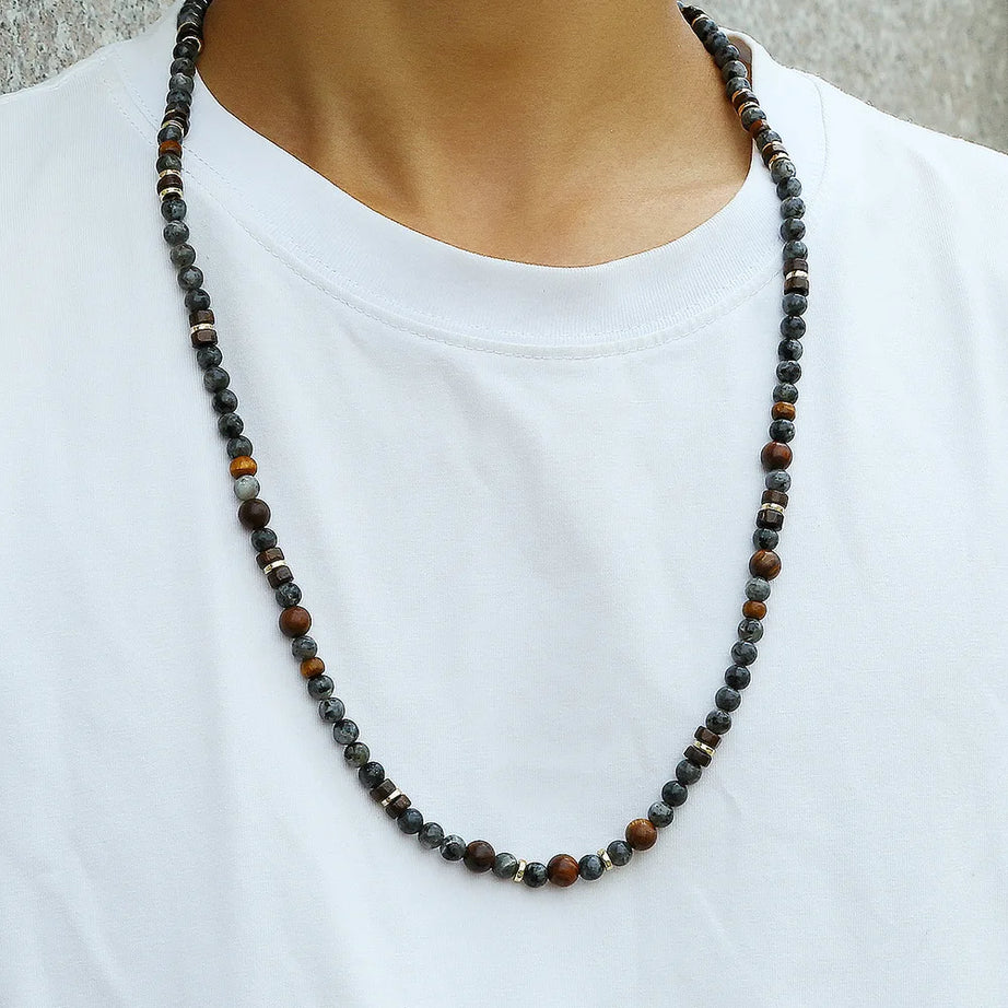 1PC INGX Man's Bohemia Natural Flash Stone Long Beaded Necklace for Men Tribal Boho Long Wooden Beads Necklace Men Jewelry - Charlie Dolly