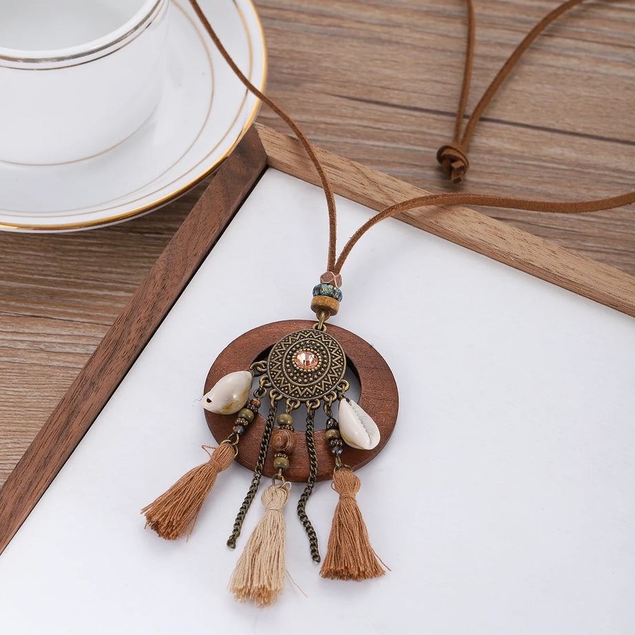 Wood Flower Bead Leaf Tassel Long Necklace Jewelry