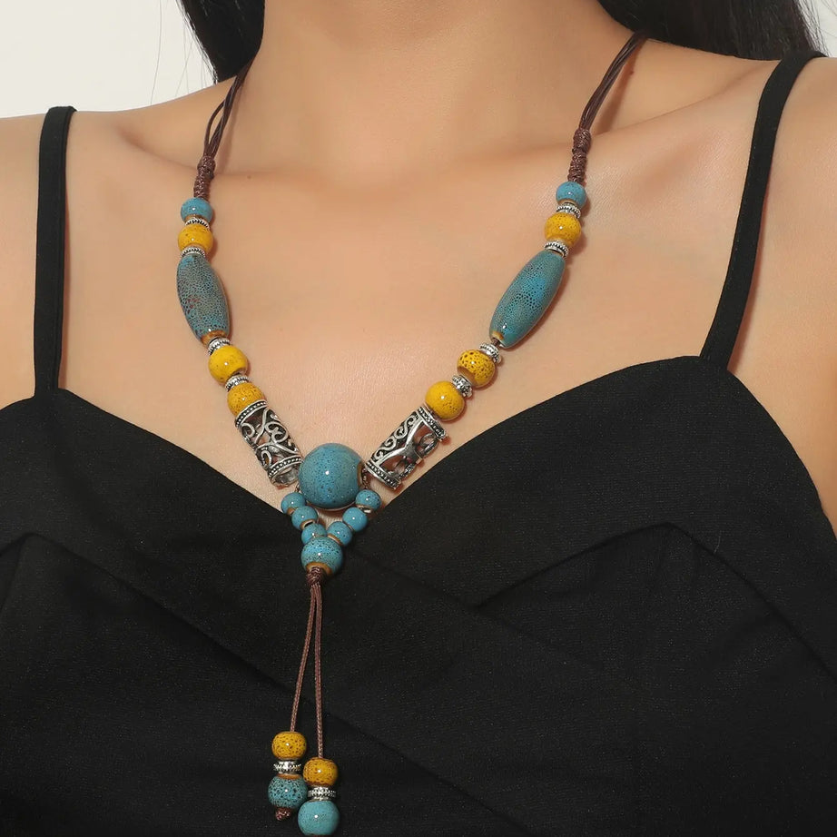 Simple Ceramic Bead Tassel Long Necklace Jewelry
