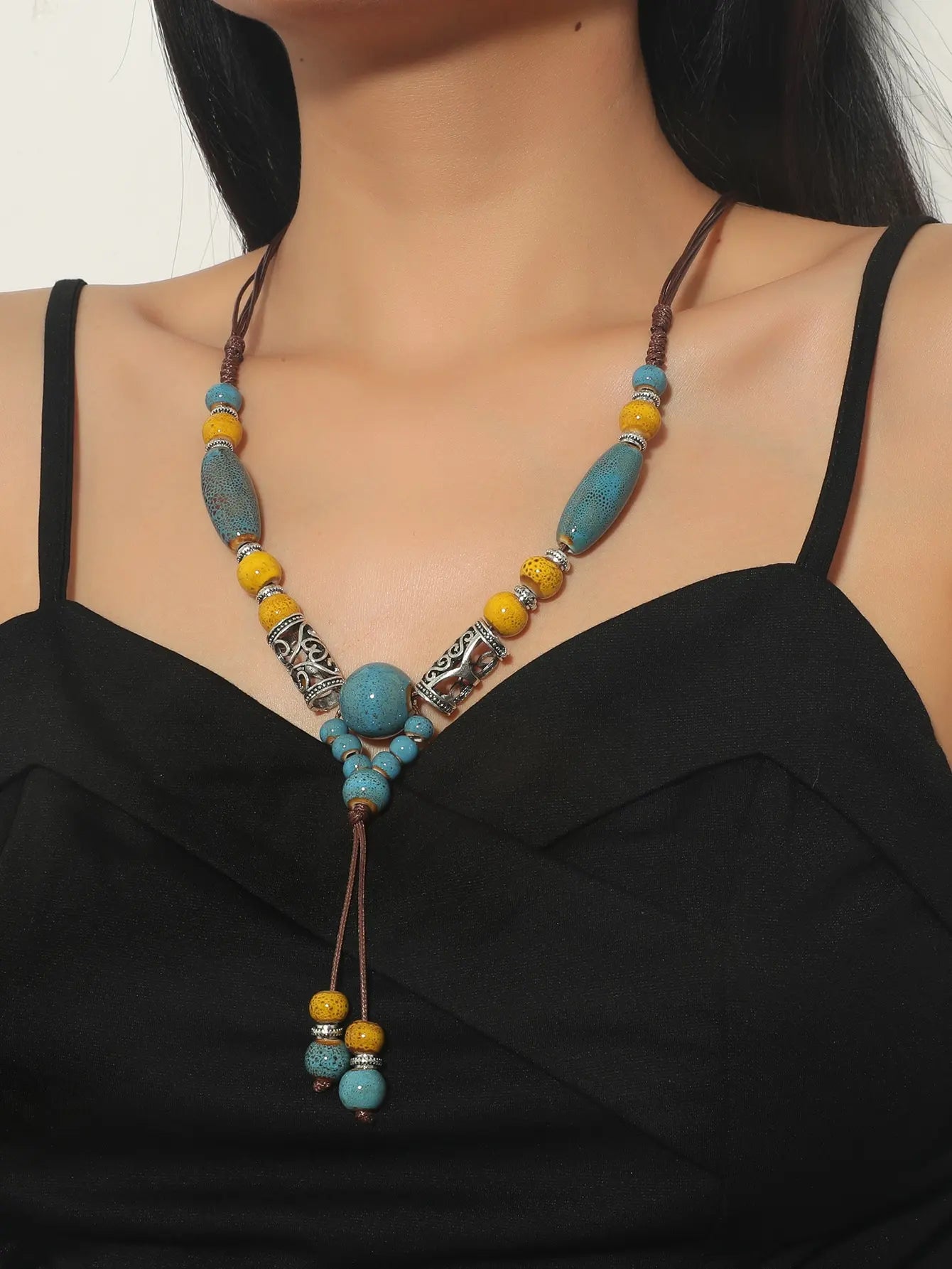 Simple Ceramic Bead Tassel Long Necklace Jewelry