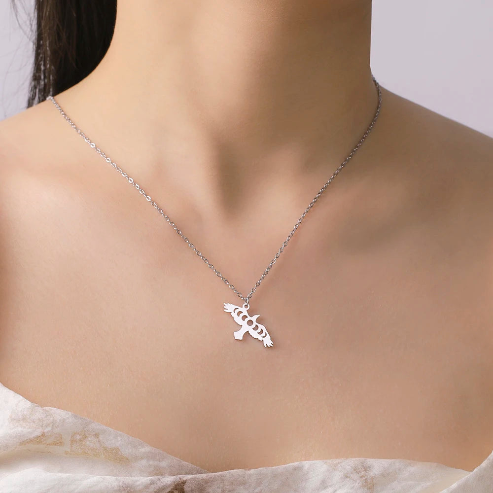 Dawapara Moon Phase Cutout Crow Necklace Earrings Ring Raven Jewelry Set Good Luck Mythical Creatures Pendant Stainless Steel
