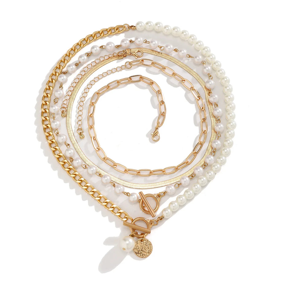 Carved Gold Circle Pearl Layered Necklace Jewelry
