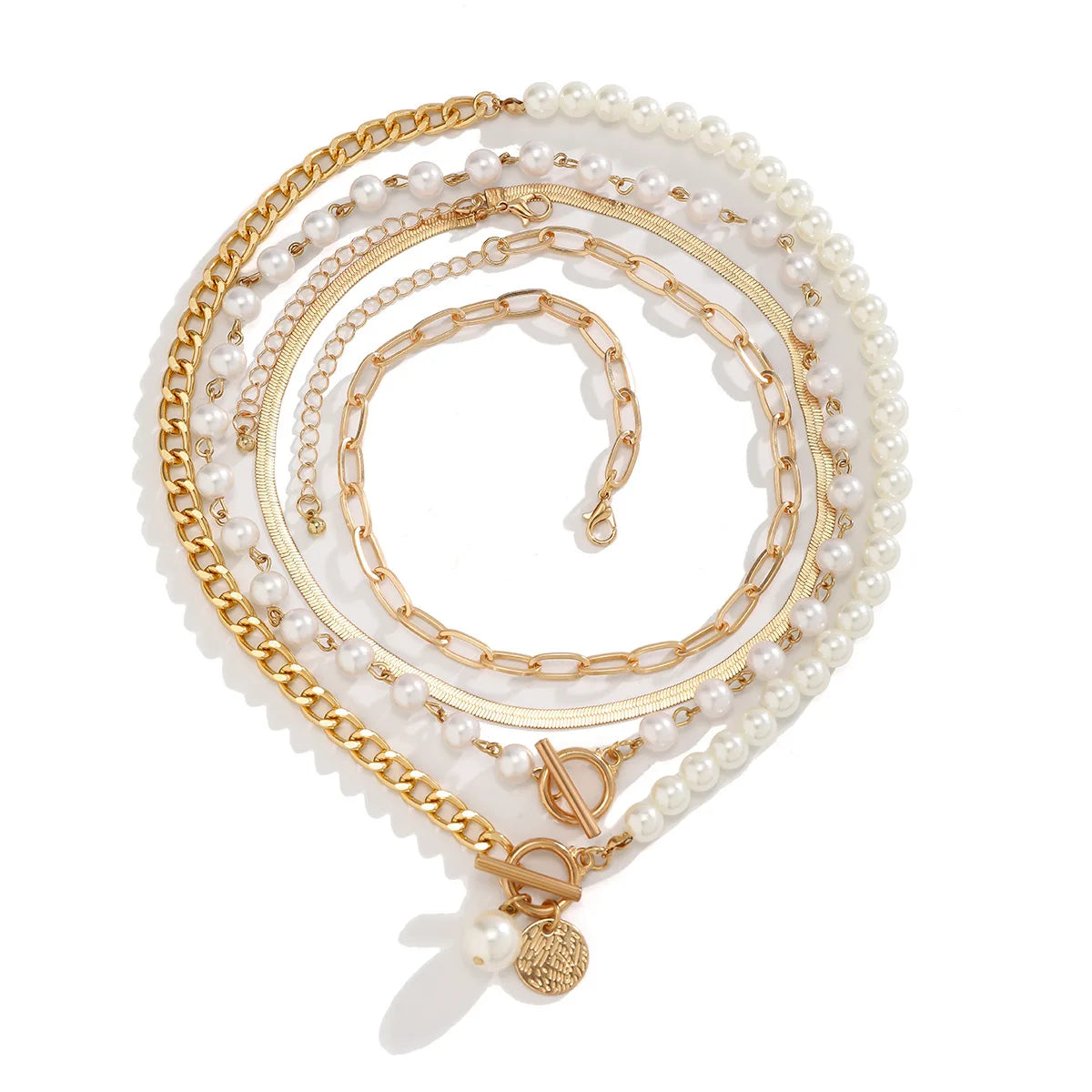 Carved Gold Circle Pearl Layered Necklace Jewelry