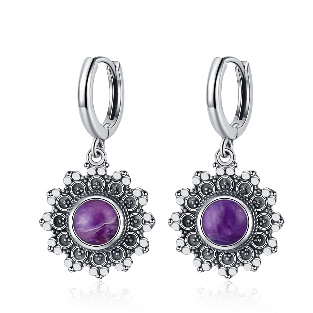 Natural Stone Sun Flower Hoop Earrings for Women, Vintage Antique Silver Turquoise Amethyst Labradorite Dangle Earring Wholesale