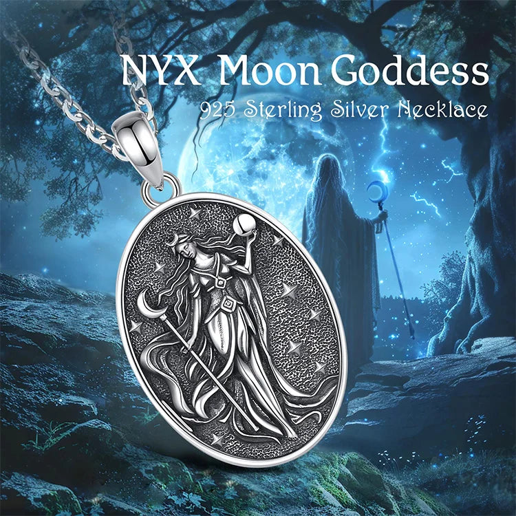 Eudora 925 Sterling Silver NYX Moon Goddess Necklace Dark goddess of Night NYX Pendant Wicca Pagan Hellenic Jewelry for Women