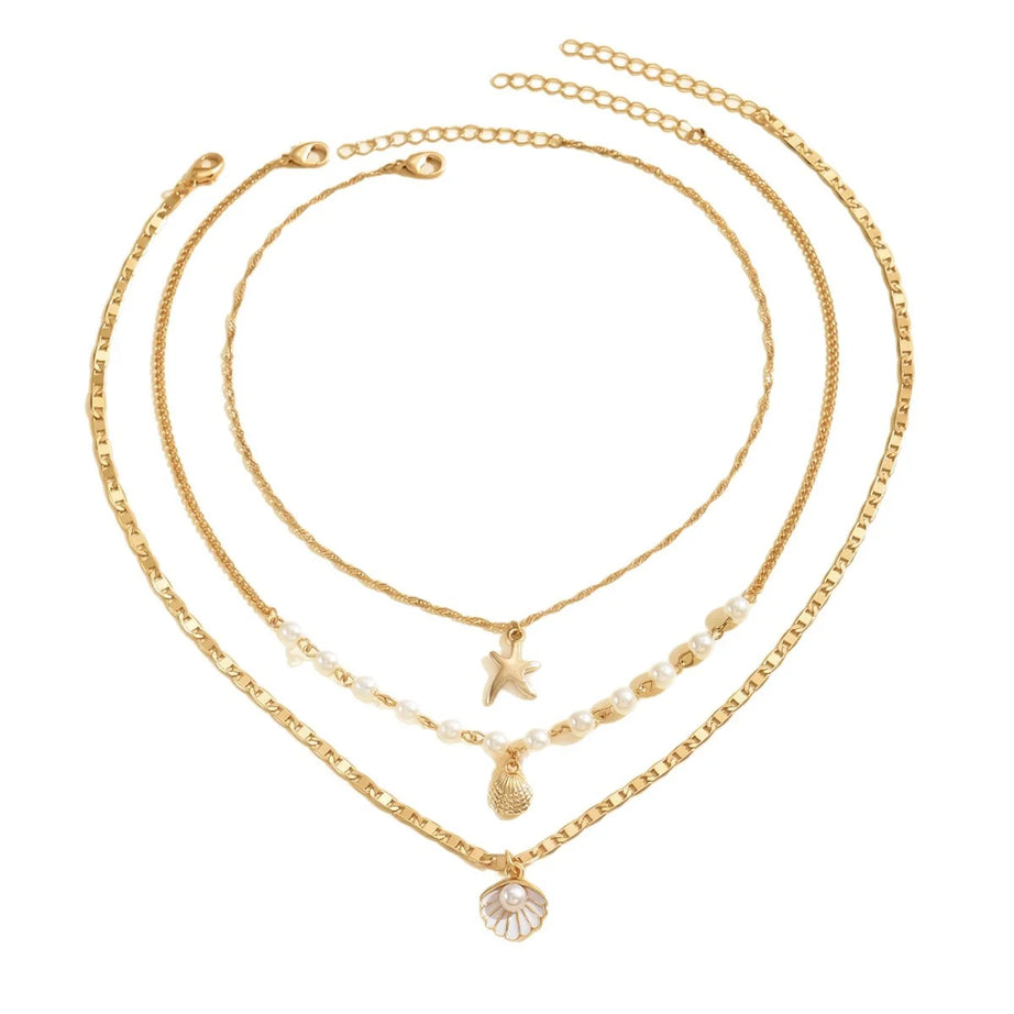 Multilayer Shell, Starfish and Pearl Boho Choker Set (3 Pieces)
