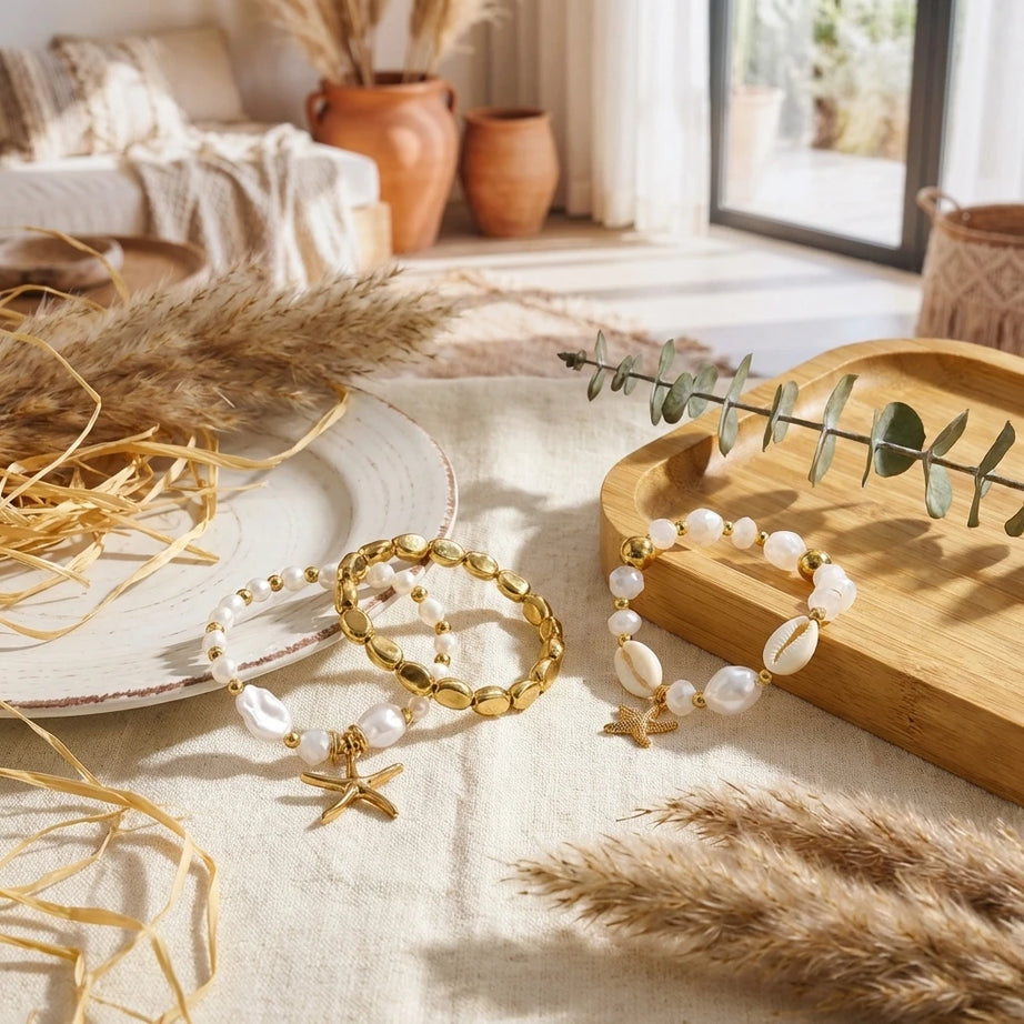 Dainty Shell and Starfish Stacked Elastic Bracelet Set