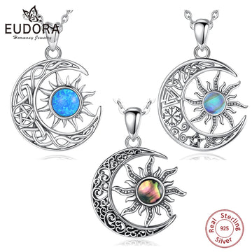 EUDORA 925 Sterling Silver Sun Moon Necklace for Women Man  Pentagram Viking Celtic knot Moon Pendant Fine Jewelry party Gift