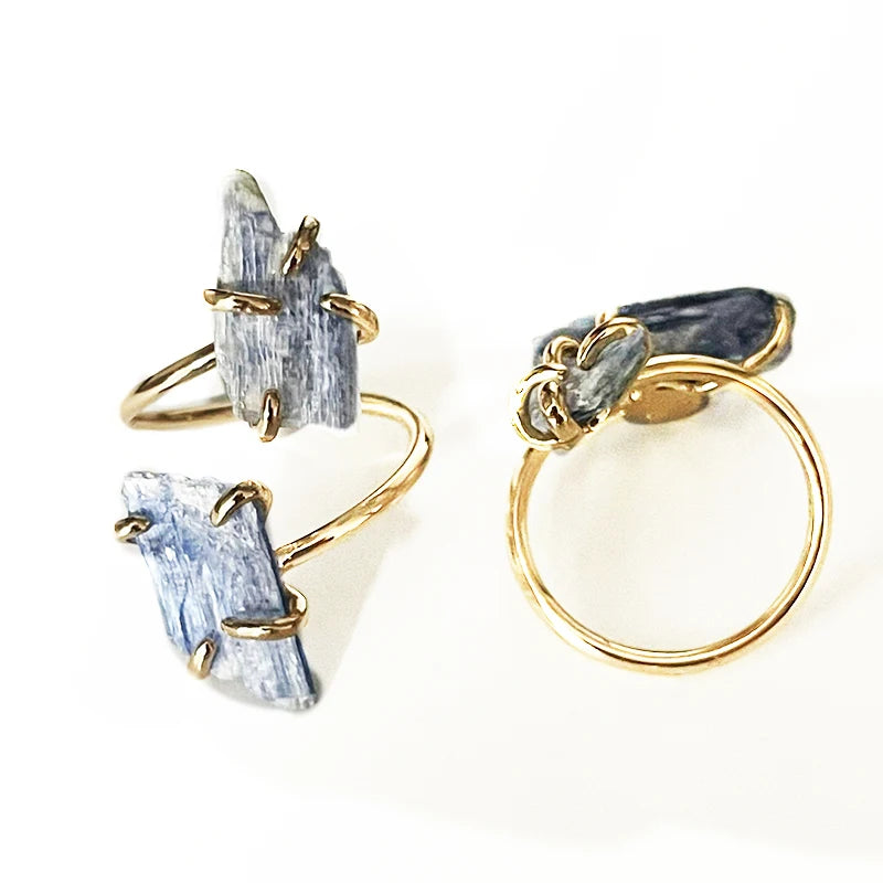 Irregular Kyanite Open Cross Ring for Women Girls Claw Setting Gold-color Boho Rough Natural Stone Finger Jewelry Resizable