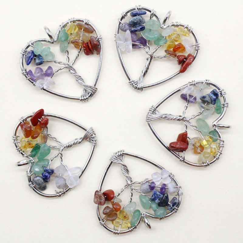7 Chakra Natural Stone Tree of Life Pendant Necklace Handmade Heart Quartz Crystal Pendant DIY Accessories 10Pcs Wholesale - Charlie Dolly