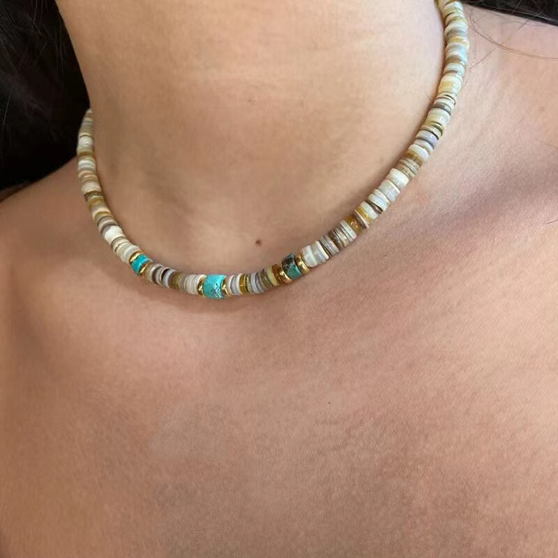 Retro Classic Natural Shell Blue Turquoise Mix and Match Necklace 2022 Summer Trendy Simple Beach Travel Vacation Neck Accessory - Charlie Dolly