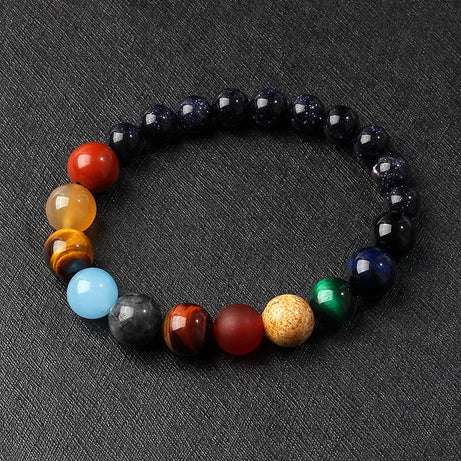 Nine Planets Solar System Beaded Bracelet, Natural Stone Galaxy Cosmic Talisman